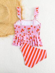 Girls Tomato Striped Ruched Strap Fly Hem Tankini Bikini Set Set (Sibling Outfits Matching Outfits, 2 Pieces Are Sold Separately) - Multicolor - View 2