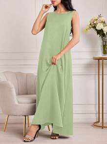 Al Najma 女式简约纯色圆领宽松长款连衣裙，夏季