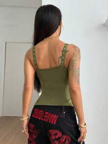 StreetHx 女式夏季金属孔眼不对称下摆修身吊带背心 - 軍綠色 - 查看 2
