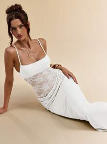 SHEIN BAE Women's Summer Sexy Vacation Lace Patchwork Sheer Back Pleated Bodycon Spaghetti Strap Dress,Fall Wedding Guest Dress,Valentine's Day,Valentine Outfits For Women - White - View 6