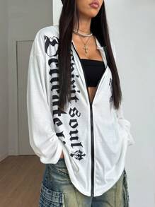 StreetHx 女式朋克风格印花透明长袖连帽夹克 - 白色 - 查看 4