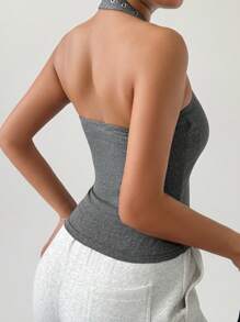 DAZY Top de tirantes con escote halter con decoración de remaches para mujer, ideal para verano y uso al aire libre - Gris - Ver 2