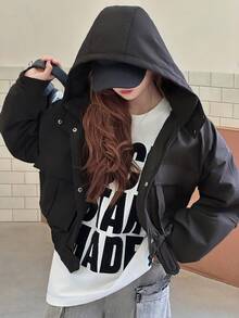 DAZY Teens (Girls) Hooded Casual Loose Winter Korean Style Solid Color Long Sleeve Padded Coat - Black - View 3