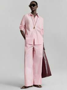 Ontre 现代都市风格，极简舒适风格，粉色，女式两件套，长裤，真口袋，翻领，长袖衬衫，松紧腰，长裤，日常穿着，通勤穿着，休闲穿着，商务休闲装，2025年新品，初秋 - 粉色 - 查看 1