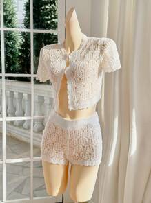 Skyraze Women Solid Color Regular Shoulder Short Sleeve Casual Hollow-Out Knit Set