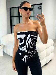 SHEIN Clasi Damska bluzka typu bandeau z nadrukiem patchworkowym, asymetrycznym dołem, z odkrytymi plecami i węzłem, na co dzień, do pracy, do biura, do pracy, do pracy, do pracy, do pracy, do pracy, do pracy, do pracy, do pracy, do pracy, do szkoły, do szkoły, do szkoły, do pracy ... - Czarne i Białe - Zobacz 3