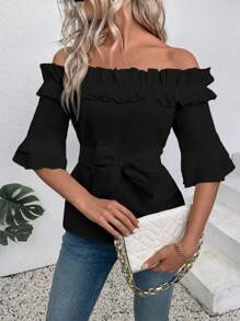 EMERY ROSE Camisa informal para mujer con hombros descubiertos y acabado de volantes en color blanco - Negro - Ver 6