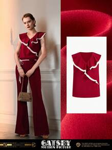 The Great Gatsby x MOTF 撞色荷叶边 V 领衬衫 - 紅色 - 查看 9