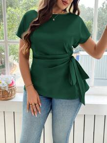 Reflora 夏季大码优雅纯色系腰衬衫 - 墨綠色 - 查看 3