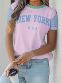 SHEIN LUNE 休闲简约条纹撞色英文字母印花宽松圆领短袖T恤女款，适合夏季，适合机场穿 - 彩色 - 查看 1