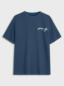 RueChic Set de 2 piezas de camiseta casual de manga corta con cuello redondo y estampado de letras, y shorts con cordón en la cintura para hombres