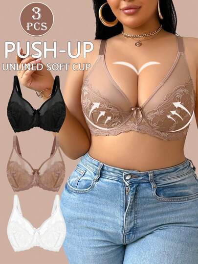 NudeFit 3件套女士加大码纯色超薄钢圈即时提升文胸对比花卉刺绣网眼拼接缩小钢圈性感文胸