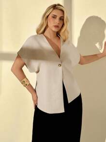 Auralis Plus Size Summer Easter Business Casual Elegant Commuting Going Out Tops Office Work Church Airport Easter Curve Old Money Style Solid Color Bat Sleeve Single-Button Thin Blazer In Fall/Winter - Apricot - View 6