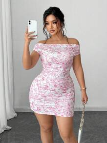 Elenzga 大码时尚露肩印花度假连衣裙 - 粉色 - 查看 2