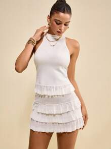 Muvela 2025 Summer & Autumn New Women's All White Sleeveless Ruffle Trim Fashionable Knit 2 Pieces Set, Y2K Countryside Music Festival Vintage Style, Casual For Street, Office, Date, Party, Travel, Back To School, Autumn Knitwear Set
