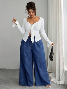 EMERY ROSE 大码休闲宽松水洗喇叭牛仔裤 - 深色水洗藍 - 查看 3