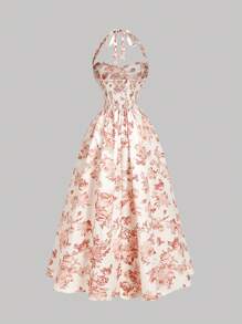 SHEIN MOD Vestido de longitud media con estampado floral romántico y cuello de halter para mujer