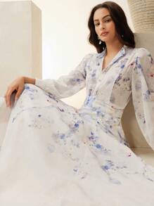 Anewsta Set de 2 piezas de camisa de manga larga y falda larga con estampado elegante - Azul - Ver 5