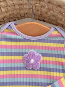 SHEIN Newborn Baby Girl Adorable Summer Knitted Colorful Striped Floral Print Long Sleeve Top And Elastic Waist Long Pants Set Fall Winter