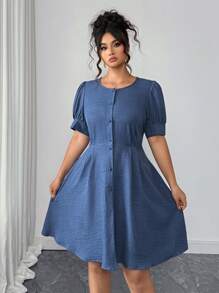 Elenzga Plus Size Crew Neck Denim Effect Short Sleeve A-Line Waist Midi Dress - Blue - View 7