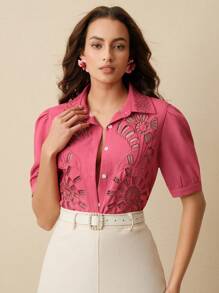 Anewsta 优雅蕾丝刺绣设计女式衬衫，西式上衣