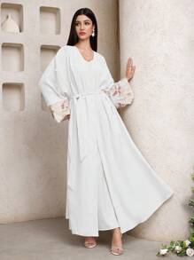 Al Najma Women's Sequin Embroidery Flare Sleeve Belted Abaya - White - View 7