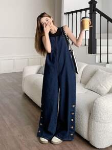 SHEIN Mono versátil de unicolor de lino informal de vacaciones como nueva llegada 2025 para adolescentes, primavera/verano, silueta esbelta y juvenil, corte holgado, con bolsillos laterales, espalda abierta, pantalón de pierna ancha y cintura alta, para salidas familiares o vestimenta informal de negocios en verano - Azul lavado oscuro - Ver 5