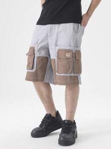 Manfinity Hypemode Celana Pendek Denim Kasual Patchwork Blok Warna untuk Pria Ukuran Besar, Celana Pendek Kargo Pria - MultiWarna - View 5