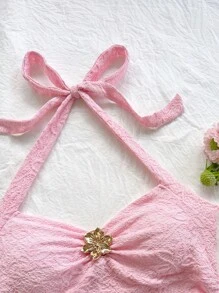 Soleia 女士度假露背 V 领花卉金属扣合身针织吊带背心，珊瑚粉，休闲，约会，下午茶，海滩，邮轮，城市度假，音乐节，派对，波西米亚风 - 粉色 - 查看 3