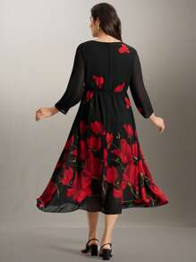 Flouryn 加大码优雅花卉印花长裙，春秋季长款女装 - 黑色 - 查看 2