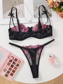 2件套浪漫花卉刺绣性感内衣套装女士 - 彩色 - 查看 2