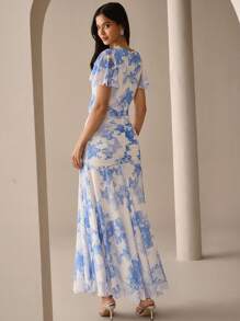 Lilora Elegant Lässig Pendler Raffungen Muster Kleid Städtischer Stil Blau Blumen Volant Ärmel Langes Kleid Städtische Lässig, Romantisch und Elegant, Ausgehen - Blau - Übersicht 2