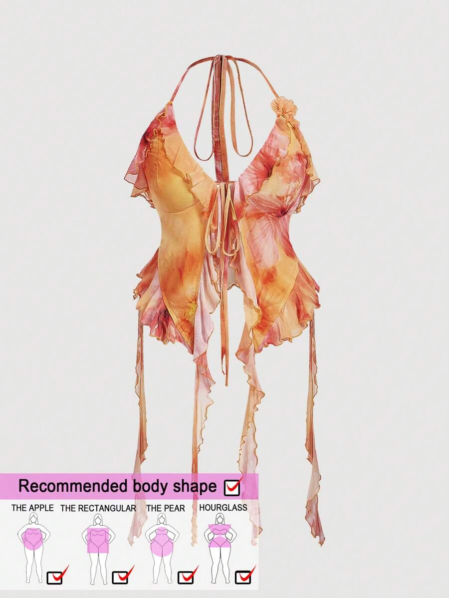 SHEIN MOD 大码女式橙色块印花喇叭带不对称下摆背心 - 彩色 - 查看 1