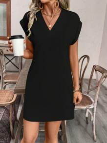 SHEIN LUNE Women's Summer Solid V-Neck Batwing Short Sleeve Casual Dress