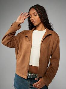 MISSGUIDED Suede Zip Front Bomber Fall Winter Fashion Soft Cropped Classic Jacket With Stand Collar Elastic Waistband Daily Casual Outerwear - Khaki - View 4