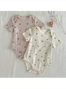 Loomiva 2pcs Baby Girl Multipack Long Sleeve Fruit Pattern Knit Soft Round Neck Short Sleeve Bodysuit Set - Multicolor - View 3