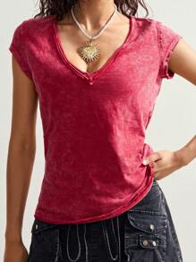 Bohemela Summer Easter Plain Knit V-Neck Short Sleeve Bodycon Washed Women T-Shirt Red Tshirt Women V Neck Tshirt Women V Neck Tops Red Tops Summer Tops - Red - View 4