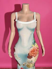 Slaydiva 2025新款夏季休闲街头性感Y2K辣妹风格甜美优雅U领宽肩带背心修身鱼尾裙长裙全身印花花卉印花蓝底渐变红花网眼女长裙-A - 彩色 - 查看 4