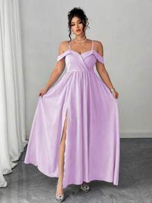 Elenzga 大码女式细肩带露肩连衣裙，优雅开衩礼服 - 淡紫色 - 查看 3