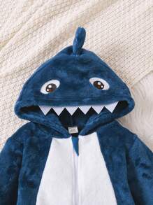 SHEIN Playful Pals 2pcs Baby Boy Fleece Monster Claw Color Blocked Long Sleeve Hooded Jumpsuit And Mittens Set, Blue & White Baby Boy Shark Clothes Baby Costume Boy Baby Animal Costume Funny Baby Costume Baby Boy Costume Fall Winter - Royal Blue - View 4