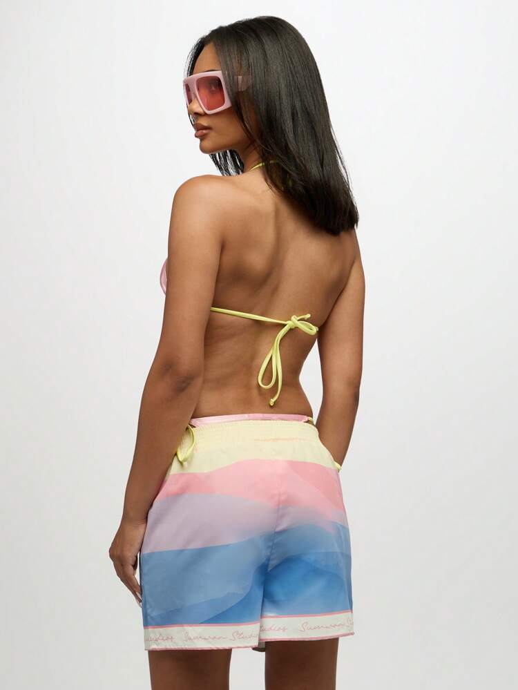 SUMWON WOMEN Rainbow Print High Waisted Drawstring Pull On Shorts