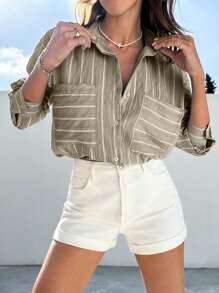 White Stripe Drop Shoulder Long Sleeve Shirt - Beige - View 4