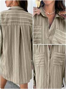 White Stripe Drop Shoulder Long Sleeve Shirt - Beige - View 7