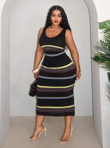 Slaydiva Damen Große Größen Sommer gestreiftes ärmelloses Top und Rock 2-teiliges Set, Große Größen körperbetontes Midi-Kleid, Große Größen gestreiftes Midi-Kleid, Kurvenreiches Midi-Kleid, Große Größen Sommerkleid, Große Größen Kleid für Kurven - Schwarz - Übersicht 6