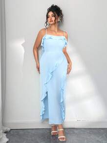 Elenzga 女式大码无袖荷叶边连衣裙 - 淺藍色 - 查看 5