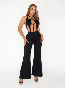 Zolique New Summer Sexy Personalized Hollow Out Lace-Up Halter Open Back Slim Fitted Women Jumpsuit - Black - View 1