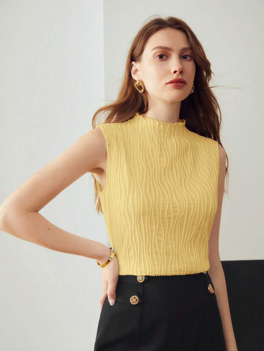 MOTF PREMIUM WOMEN'S KNITTED JACQUARD TEXTURED FABRIC FUNNEL NECK TANK TOP - Yellow - View 1