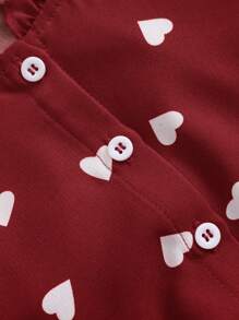 SHEIN 年輕女孩愛心印花短前長後襯衫和褲子,休閒舒適的拼色2件套裝 - 紅色 - 查看 5