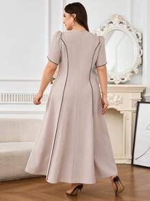 Modelyn Plus Size Summer Elegant Contrast Color Ruffle Trim Puff Sleeve Dress - Apricot - View 2