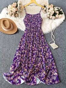 EMERY ROSE 大码女式碎花节日休闲长款背心裙新年服装长款女装 - 紫色 - 查看 1